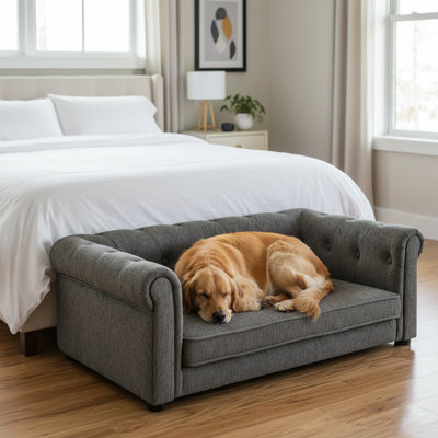 Canapé-lit surélevé pour chien avec dossier touffeté pour petits et moyens meubles, gris