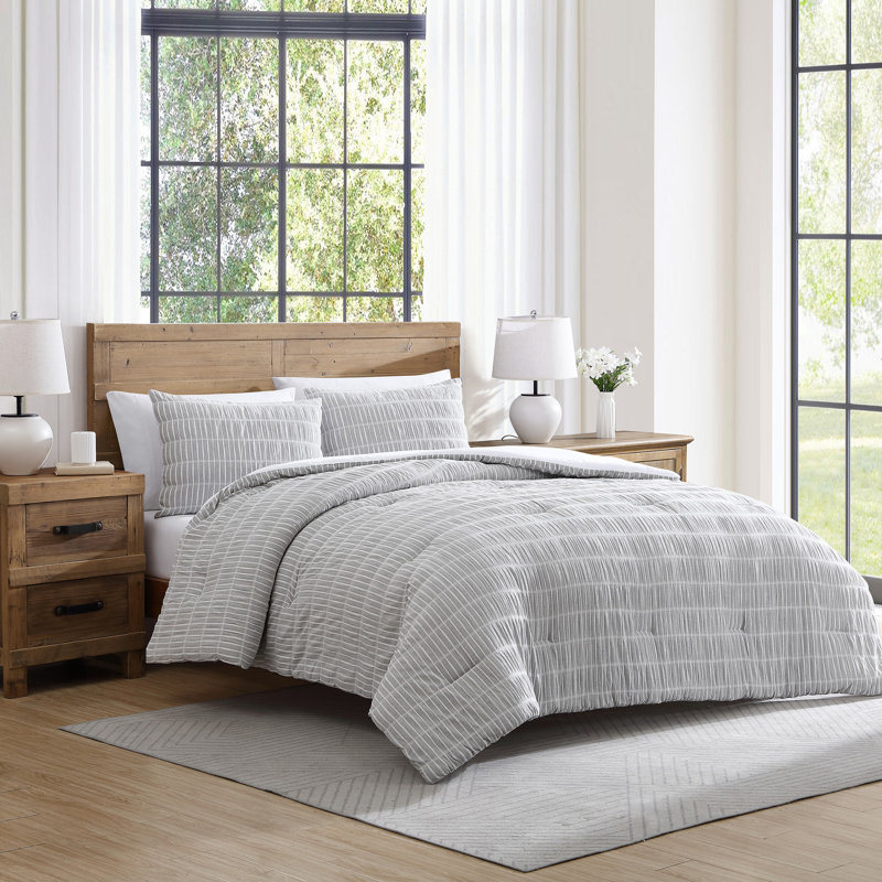 Ensemble d'édredon en coton Taers Home Ivy Puckered Seersucker, Gris, Édredon pour grand lit + 2 taies décoratives sta