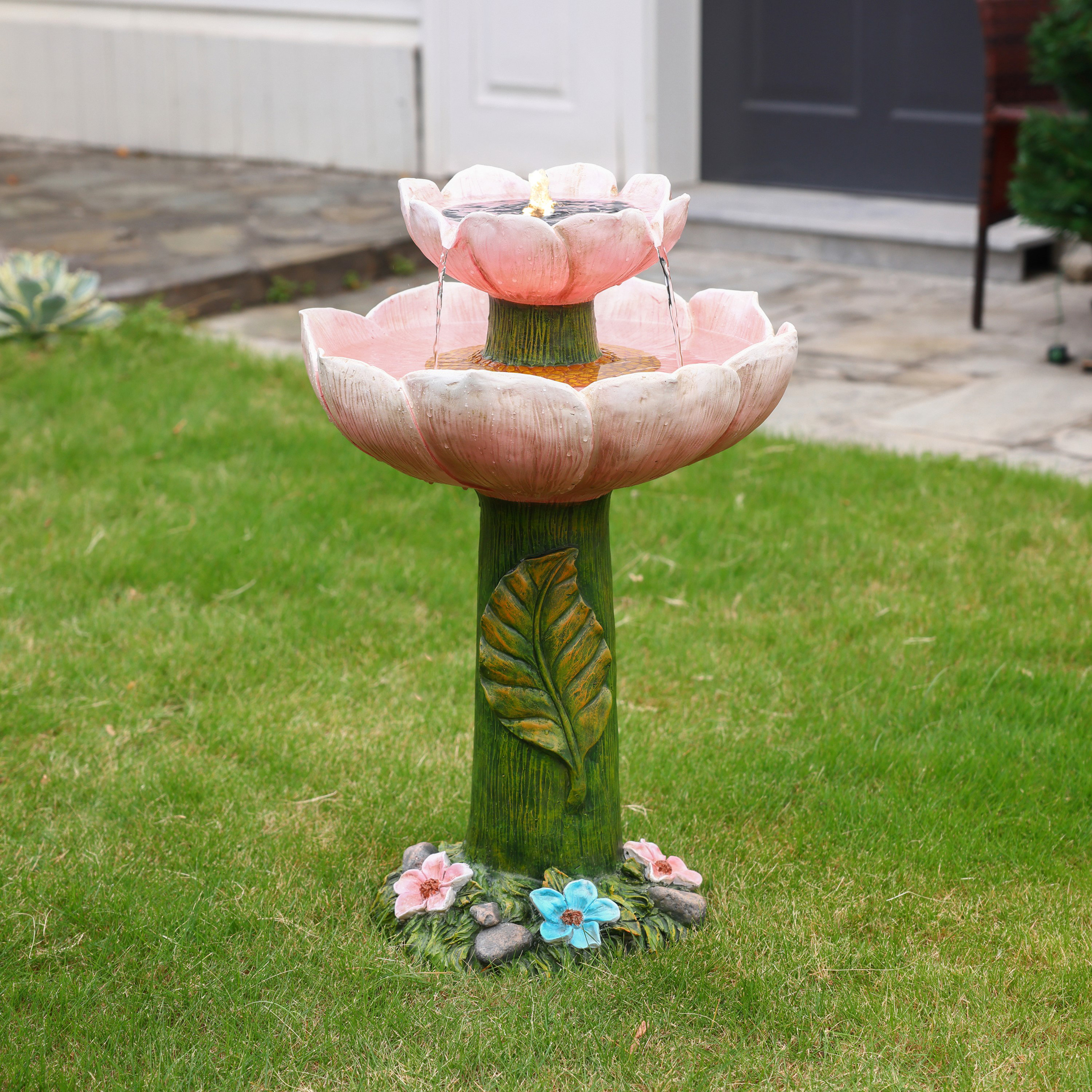 Red Barrel Studio's Astros Solar Powered 28.7'' 2-Tier Flower Resin Birdbath