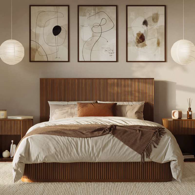 Lit en bois massif cannelé Ellison noyer, Queen, Standard