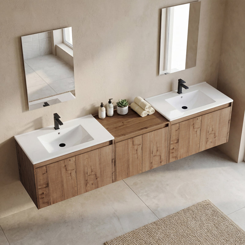 Meuble-lavabo double 84 po avec lavabo en céramique et conception sans poignée, 84", Bois naturel