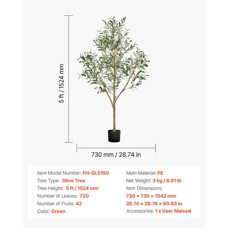Faux Olive Tree Tree in Pot, 152.4cm H x 73cm W x 73cm D