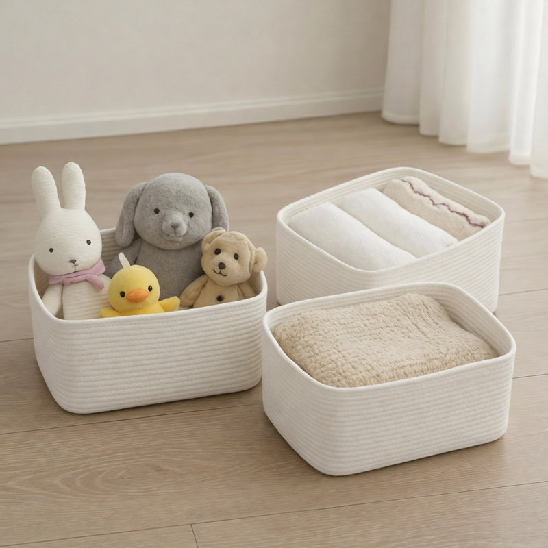  Ensemble de paniers de rangement en corde de coton 3 pièces, bacs rectangulaires tissés avec poignées, Blanc