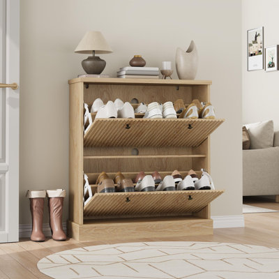 Armoire à chaussures avec 2 tiroirs rabattables, armoire à chaussures cannelée en bois avec tablette réglable, armoire à chaussures autoportante pour le vestibule, salon