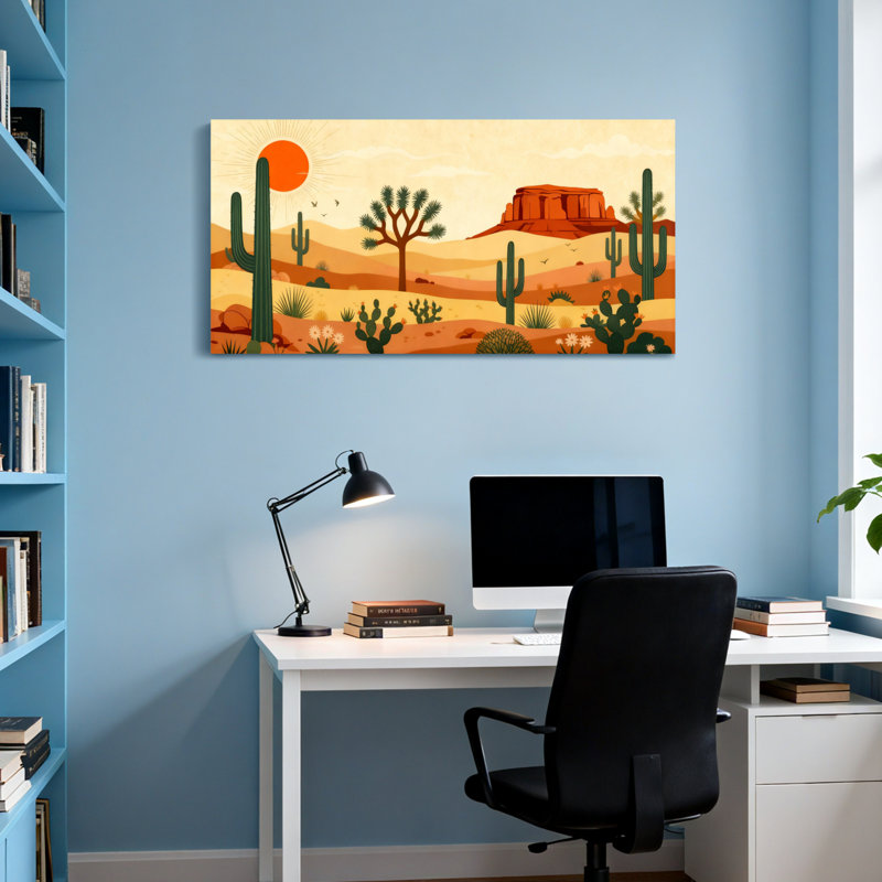 Paysage et nature Paysage désertique avec cactus et soleil, H 16 po x l 32 po