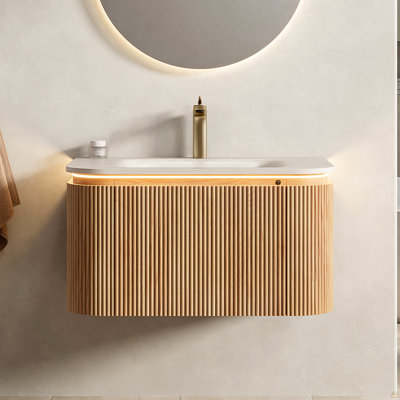 30'' Bathroom Vanity&Sink, Floating Curved Edges Striped Cabinet with Drawer, Sensor Light, Travertine-Pattern Sintered Stone Hot-bent Integrated Basin, Pre-assembled, Natural Woodgrain Color