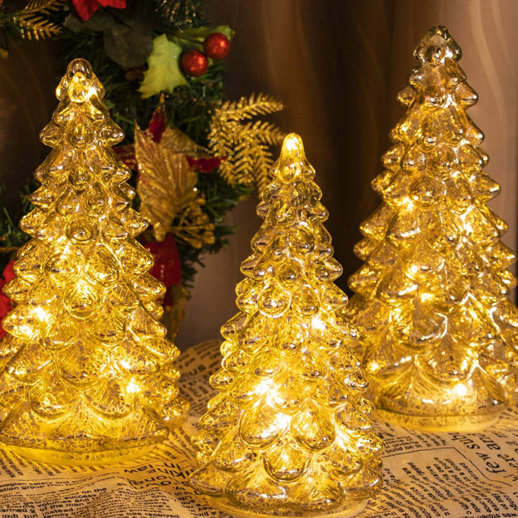 PHITRIC Christmas Decorations Indoor, 3 PCS Sparkling Glass Gold Christmas  Tree Table Decorations with LED Lights and Timer, Textured Xmas Tree