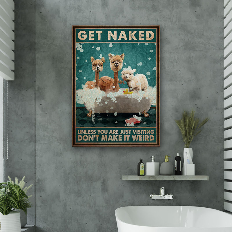 Alpagas - galerie d'art «Get NUE» sur toile tendue - décor d'illustrations de salle de bain et de lessive, blanc et brun