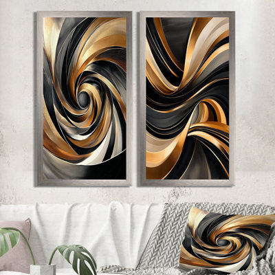 Vortex géométrique doré et noir I - art mural abstrait sur toile, abstrait moderne 2 pièces