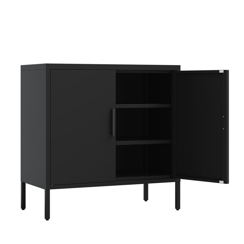 Black Steel File Cabinet With Doors, Adjustable Shelves For Office Storage, High - Strength Cold Rolled Steel, Stable Structure, Knock Down Design To Hold Equipment, Material, Frame, Simple Setup