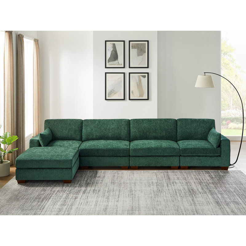 Canapé modulaire rembourré 5 pièces avec 2 ports USB et 1 repose-pieds portatif Chayten, Polyester vert