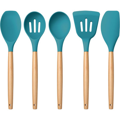 Ensemble d'ustensiles de cuisine en silicone 5 pièces avec poignée en bois, ustensiles de cuisine antiadhésifs pour une cuisson sûre et efficace, résistant à la chaleur et non toxique