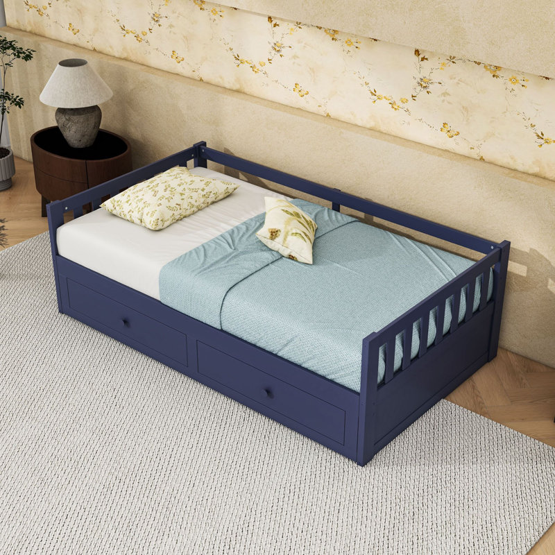 Lit plateforme convertible 2 tiroirs simple à très grand avec garde-corps, Bleu