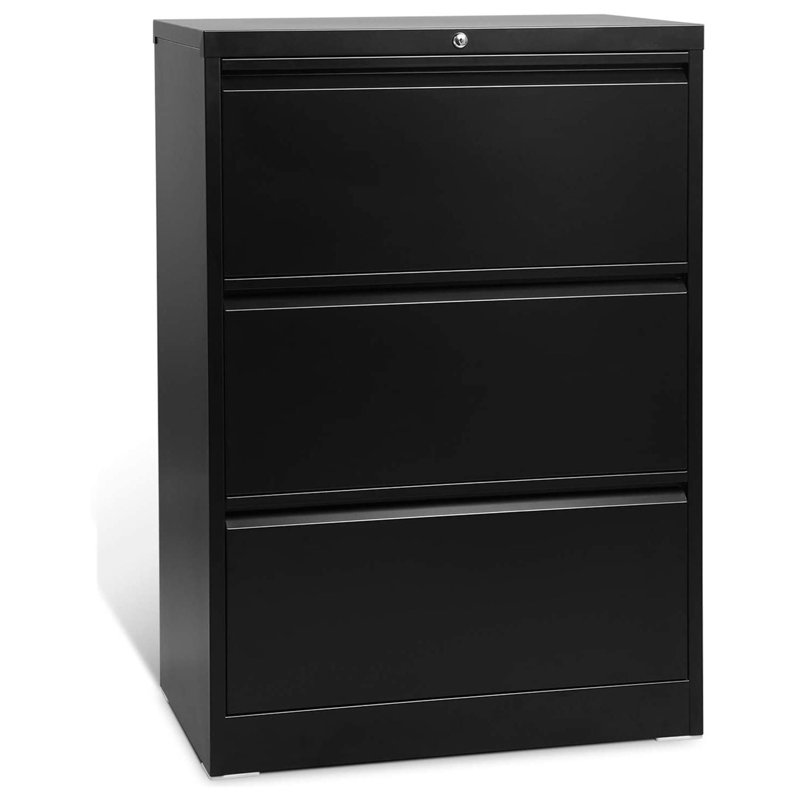 Black Steel 3-Drawer Lockable Lateral Filing Cabinet