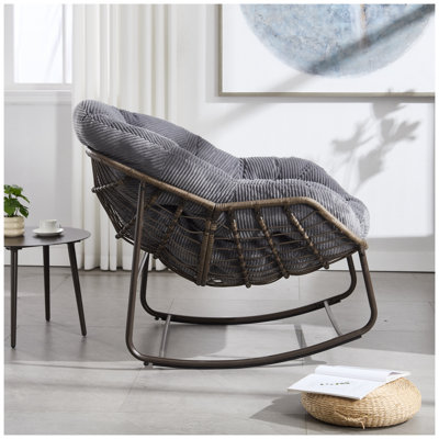Chaise berçante d'extérieur en acier avec coussin et rotin - Gris