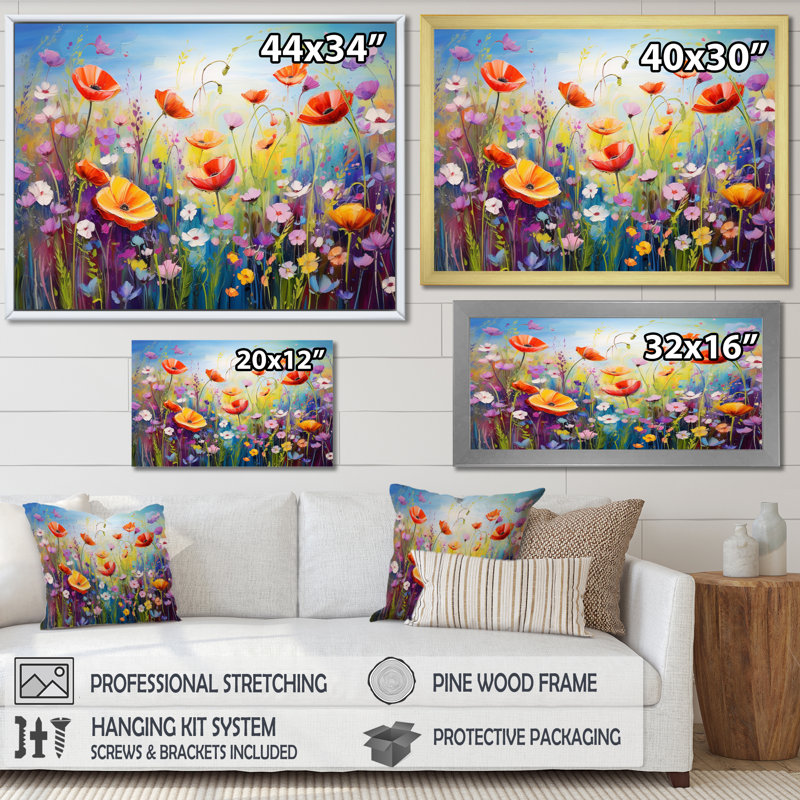 Fleurs sauvages - Rhapsodie florale - impressions encadrées, H 16 po x l 32 po x P 1 po, Cadre flottant doré