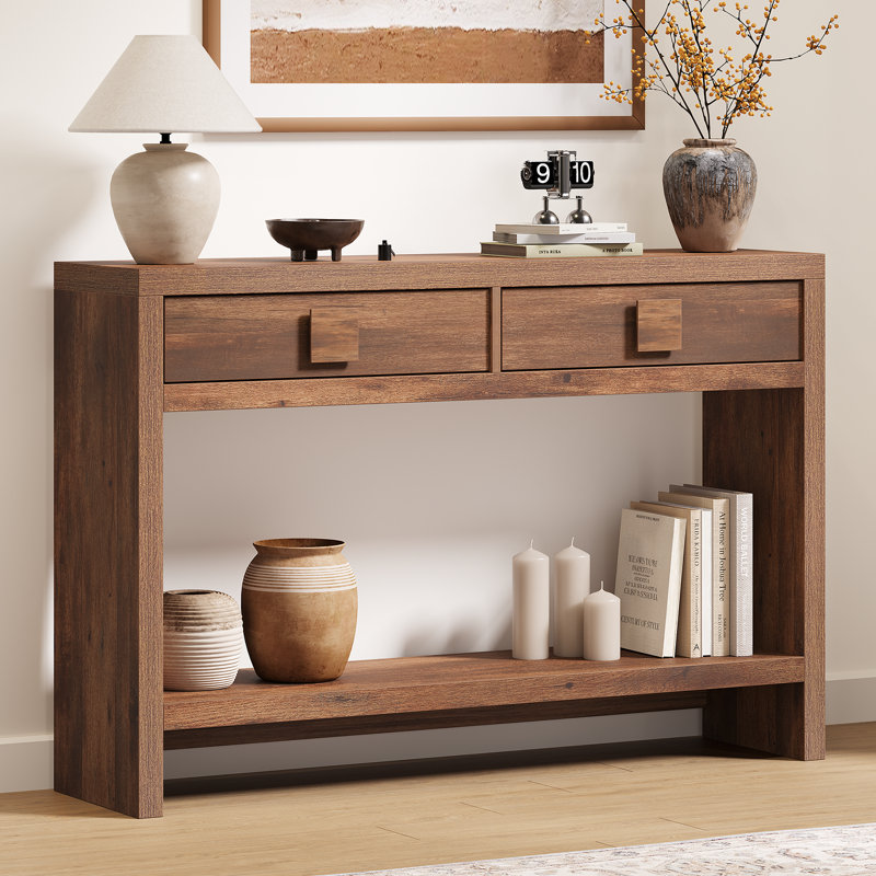 Console 47,3 po en bois avec 2 tiroirs, table de canapé pour le couloir, le vestibule, le salon, Brun