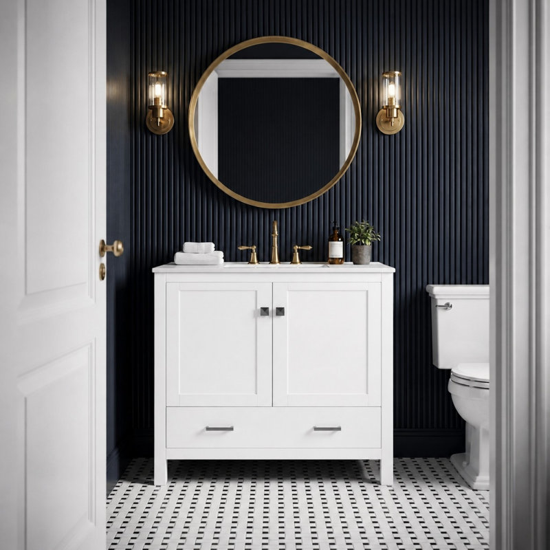 Armoire de salle de bain autoportante verte avec plateau en céramique, organisateur de porte et tiroir de séparation, Blanc