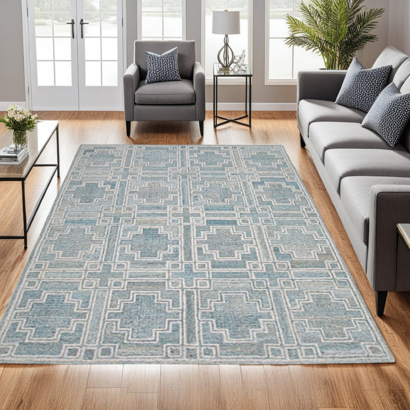 Tapis Lesy, motif géométrique touffeté à la main, gris, laine ivoire, Rectangle 8 pi x 10 pi