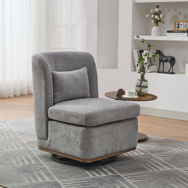 25.2"W Chenille 360°Swivel ArmlessChair with Pillow,Metal Base, Gray Chenille