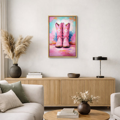 Pink Floral Cowboy Boots Western Style Artwork, Girly Cowgirl Bedroom Pictures, Framed Canvas Giclee Print Wall Art