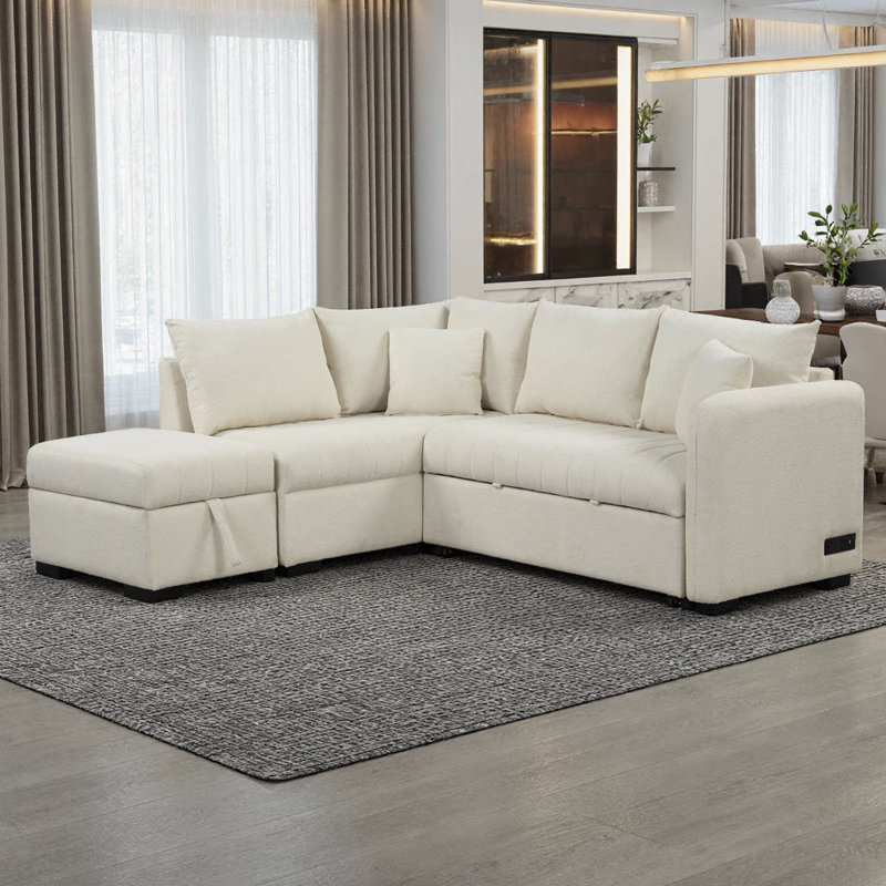 Canapé-lit modulaire en L 82,6 po avec repose-pieds et ports USB, Beige