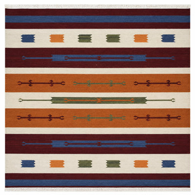 Tapis Clare tissé à plat en laine Kilim écologique - 3 m x 3 m, carré, multicolore, design moderne et contemporain, tapis à poils courts faits main pour salon, chambre