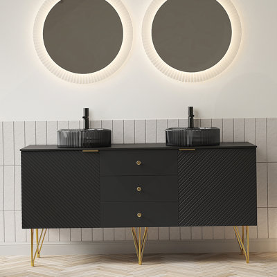 Meuble-lavabo de 60 po avec meuble-lavabo autoportant en contreplaqué avec 4 pieds dorés, 3 tiroirs et 2 portes, 2 lavabos ronds noirs transparents et un plateau en pierre frittée noire, 60 po