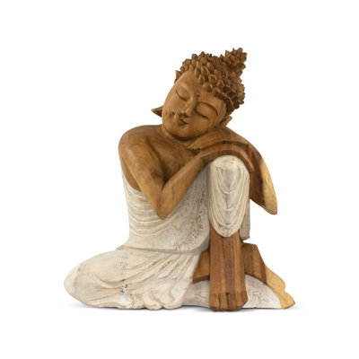 Wood Sleeping Buddha Statue  Hand Carved Whitewashed Sculpture, Peaceful Zen Decor