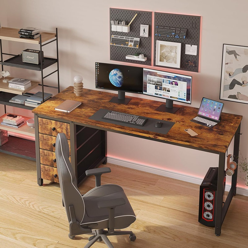 Bureau d'ordinateur avec tiroirs en tissu - Bureau d'écriture de 55 pouces pour le bureau à domicile, bureau d'ordinateur simple et moderne réversible avec brun, brun rustique