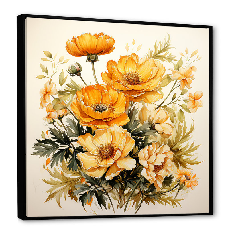 Marigold Majesty Bouquet II - Art mural souci, Cadre flottant noir, H 16 po x l 16 po x P 1 po