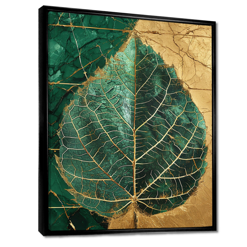 Ornemental feuille rétro or I - feuilles, art mural, Toile avec cadre flottant noir, H 32 po x l 16 po x P 1 po