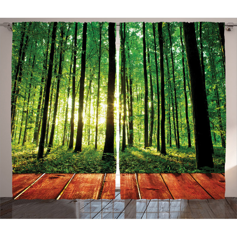 Green Forest Print Light-Filtering Polyester Curtain Panels