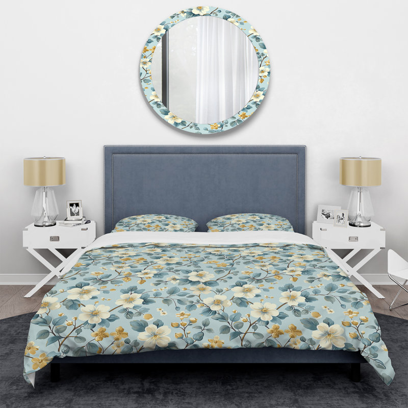 Blue Gold Floral Gardens I - Ensemble de housse de couette transitionnel, Housse de couette pour grand lit + 2 taies décora