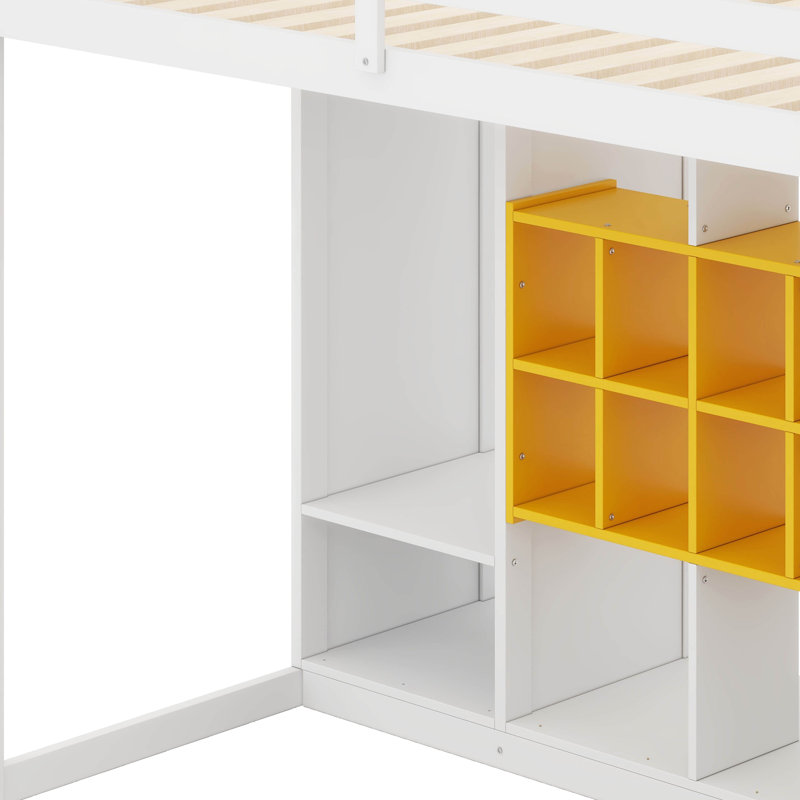 Twin Size Wood Loft Bed With Wardrobe & Shelves & Cabinet,, White/Yellow