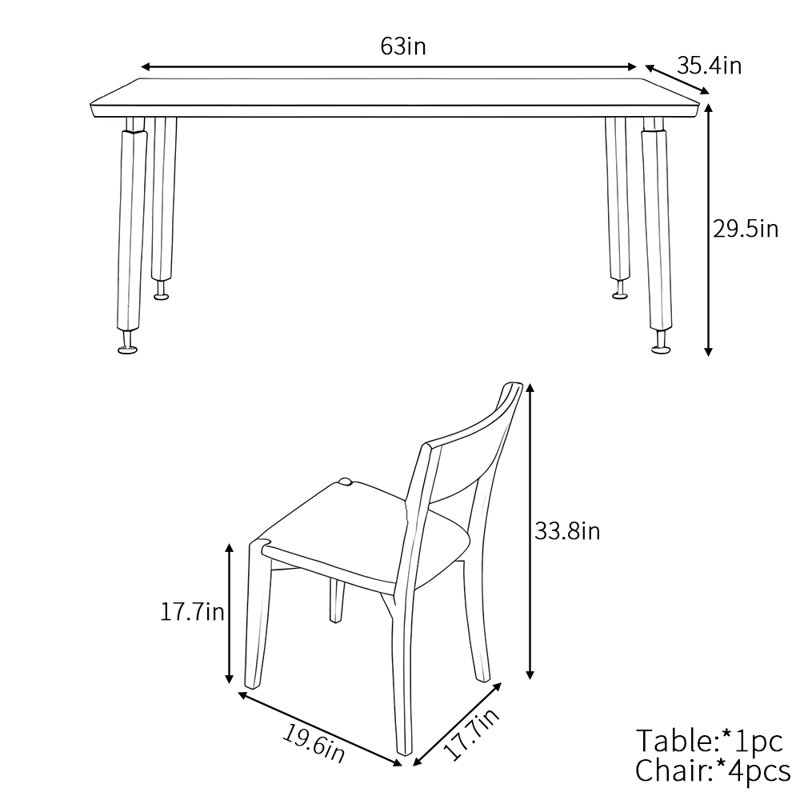 Table de salle à manger rectangulaire européenne, H 29,5 po x L 63 po x l 35,4 po
