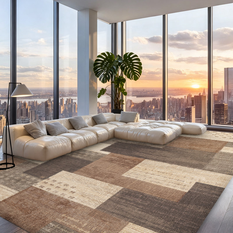 Machine Washable Geometric Area Rug - Ultra Soft Faux Cashmere with Non-Slip Backing, Modern Color Block Design in Beige/Brown