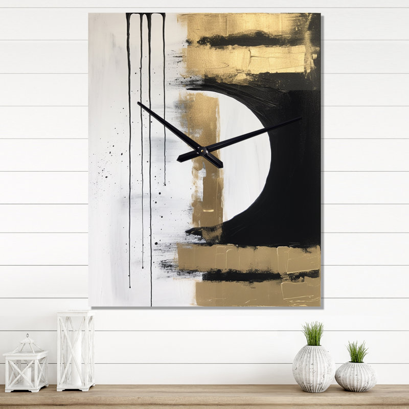 Minimal Joy In Black And Gold V - Abstract Painting Wall Clock Oversized, 32" H x 16" W x 1" D