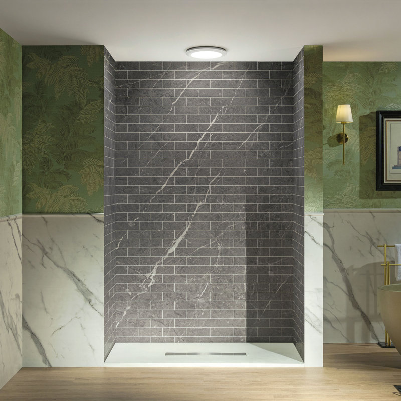 WOODBRIDGE 60" W x 32" D x 96" H Solid Surface 3-Piece Shower Wall Panels, Trimmable, Quick Install, 1/8"(3.5mm) Thick, Matte Dark Gray, White Grout, Textured Tile with Marble Veining, WDG-603296-S-M