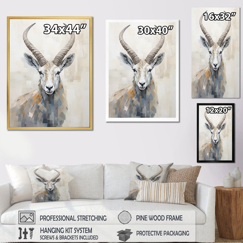 Minimalisme antilope bouquetin sur toile, Cadre naturel flottant, H 44 po x l 34 po x P 1,5 po