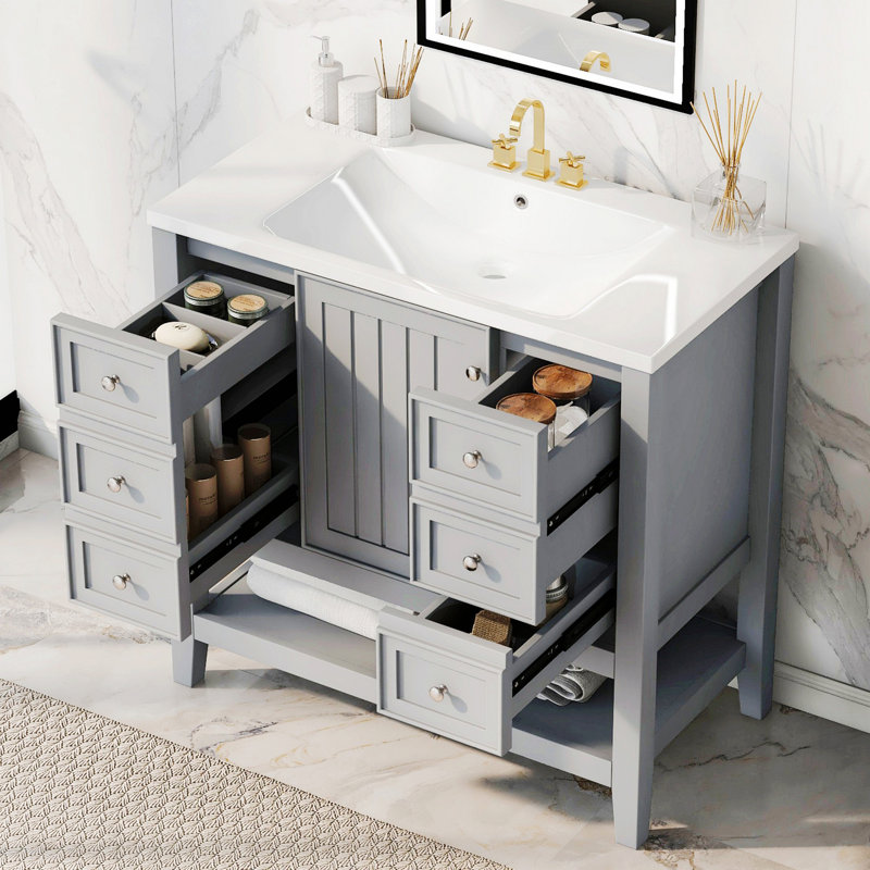 Meuble-lavabo avec lavabo et meuble-lavabo avec trois tiroirs, Gris