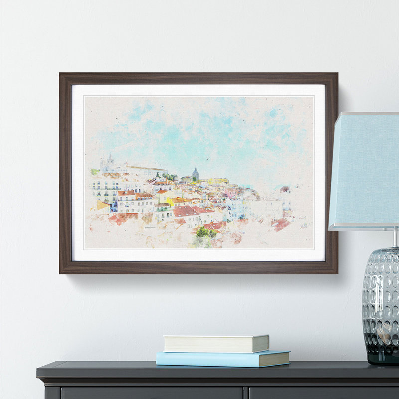 Skyline of Alfalma Lisbon Portugal - Picture Frame Painting Print, 24cm H x 33cm W x 2cm D, Walnut Framed