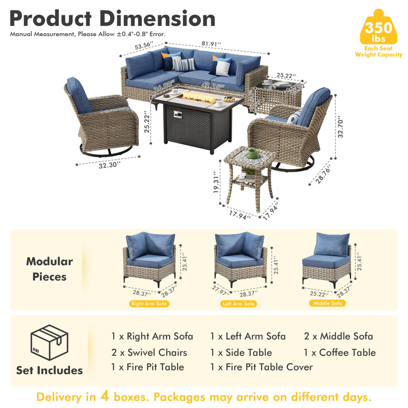 Ensemble de conversation pour patio 9 pièces avec foyer, table modulaire en osier, table basse éclairée et ensemble en rotin toutes saisons