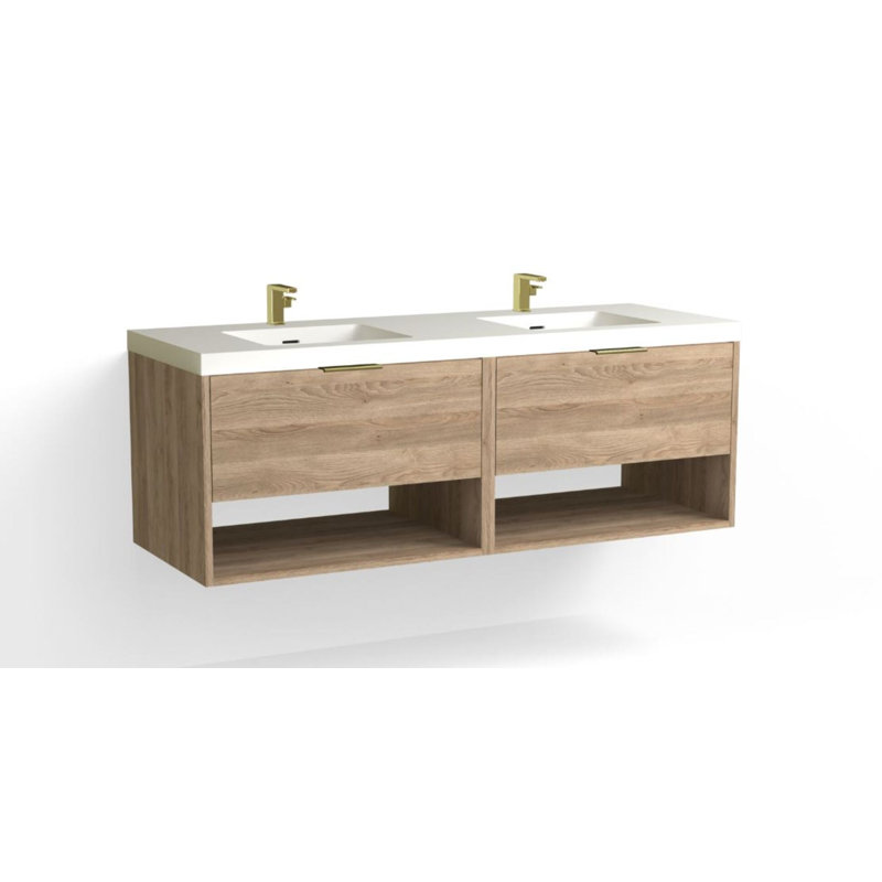 Modo 60" W Wall Mounted Double Bathroom Vanity, Matte White/Single, Biondo, Satin Brass