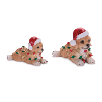 Santa Hat Dog Figurines with Christmas Lights