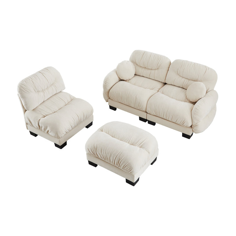 Canapé modulaire en L beige avec repose-pieds en chenille beige, canapé modulaire plissé avec accoudoirs et coussins ronds