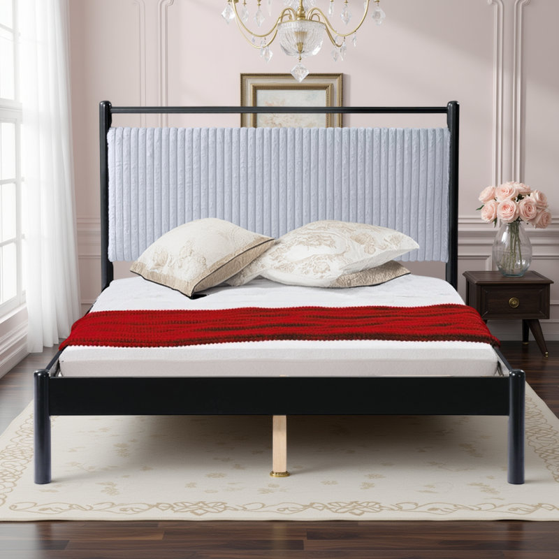Lit plateforme avec tête de lit tapissier en tissu gris clair et structure en bois d'hévéa, Grand lit