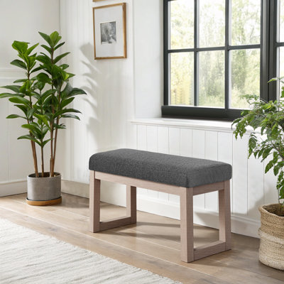 27 Inch Wide Rectangle Ottoman Bench | Grey Linen Look Fabric Footstool | Solid Wood Frame Upholstered Accent Bench | Entryway Shoe Bench, Bedroom End of Bed Bench, Living Room Footrest