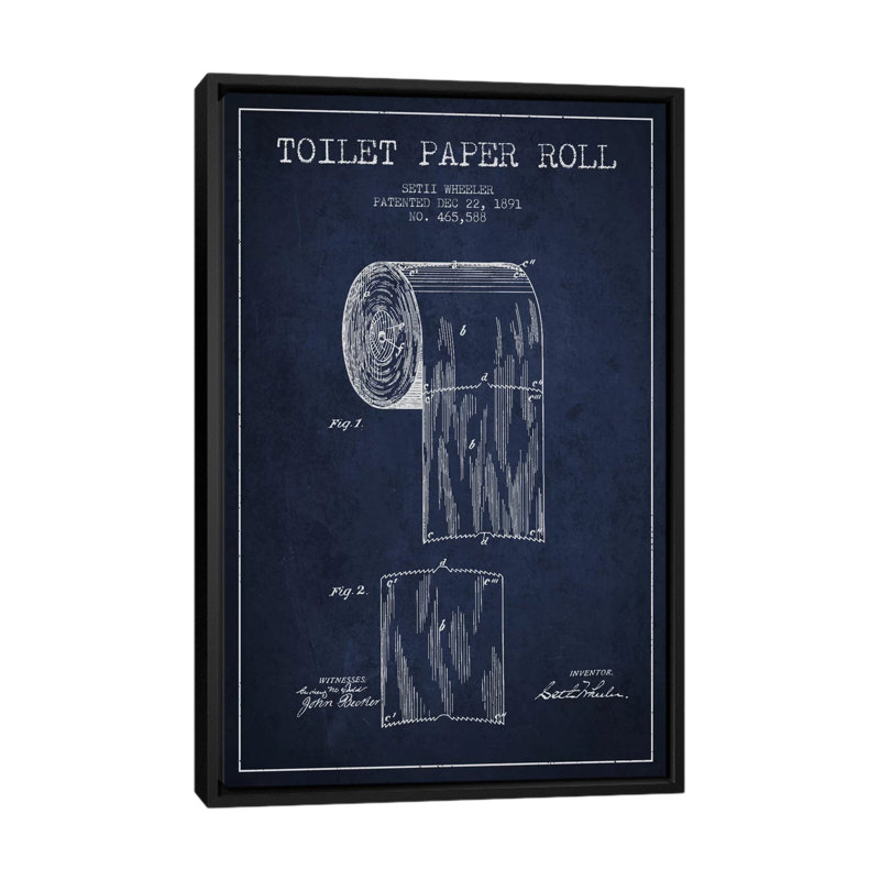 « Toilet Paper Navy Blue Patent Blueprint », impression sur toile tendue, H 60 po x l 40po x P 1,5 po, Toile avec cadre noir