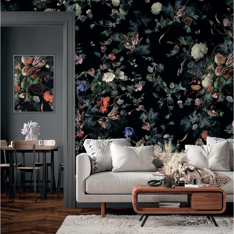 Papier peint floral foncé foncé, Noir, L 110,04 po x l 204 po